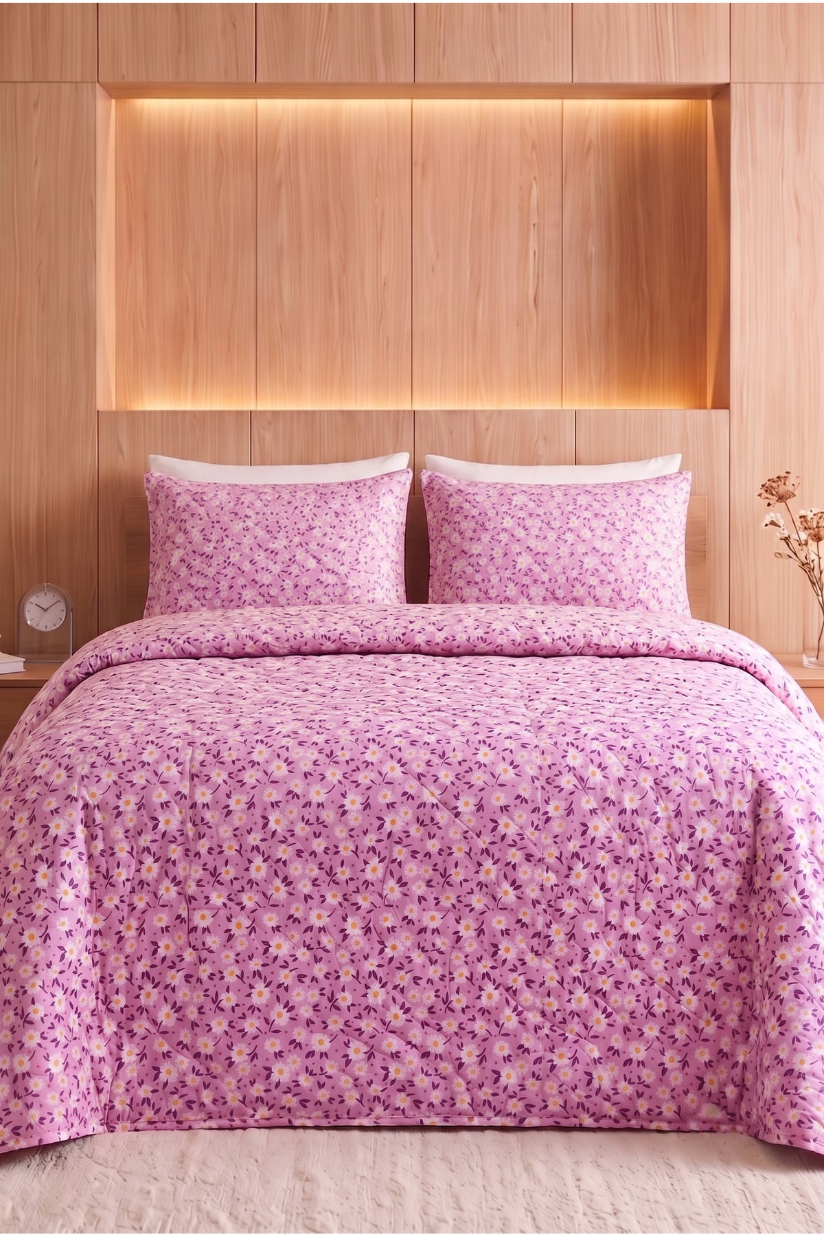 Papatya Desenli Kapitone Çift Kişilik Pike Seti | 1 Adet Pike 200x230 cm, 2 adet Yastık Kılıfı 50x70 cm | Yumuşak, Pamuklu Set
