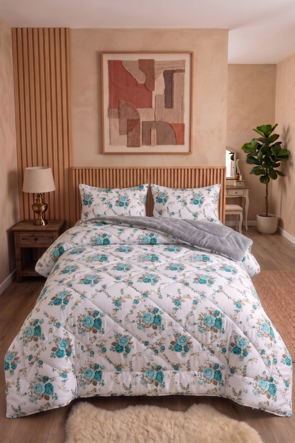 Mavi Çiçek Desenli Welsoft Çift Kişilik Yorgan Seti | 1 Adet Yorgan 200x220 cm, 2 adet Yastık Kılıfı 50x70 cm | Dolgulu, Yumuşak, Pamuklu Set