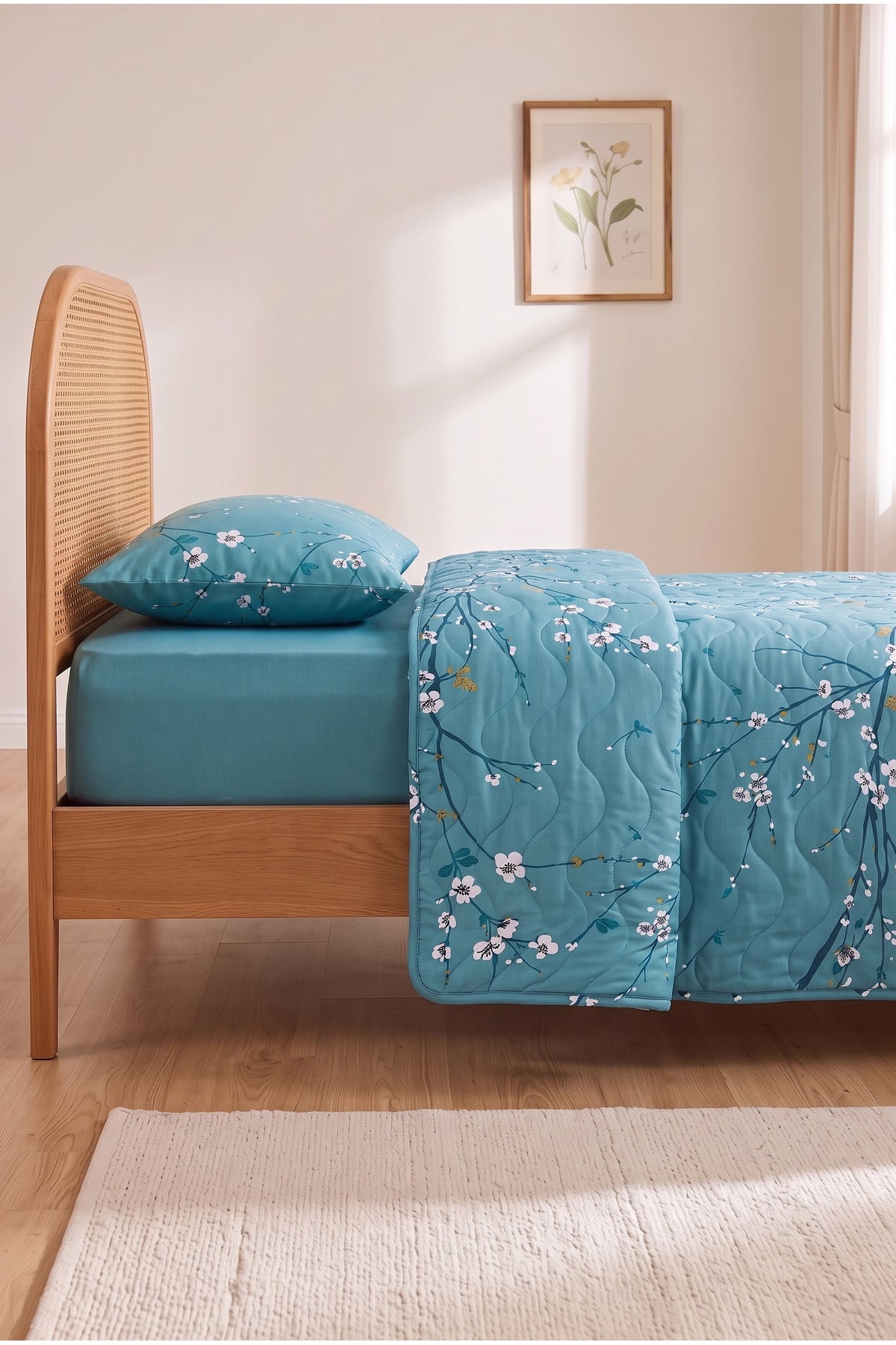 Bahar Desenli Kapitone Tek Kişilik Pike Seti | 1 Adet Pike 160x230 cm, 1 adet Yastık Kılıfı 50x70 cm | Yumuşak, Pamuklu Set