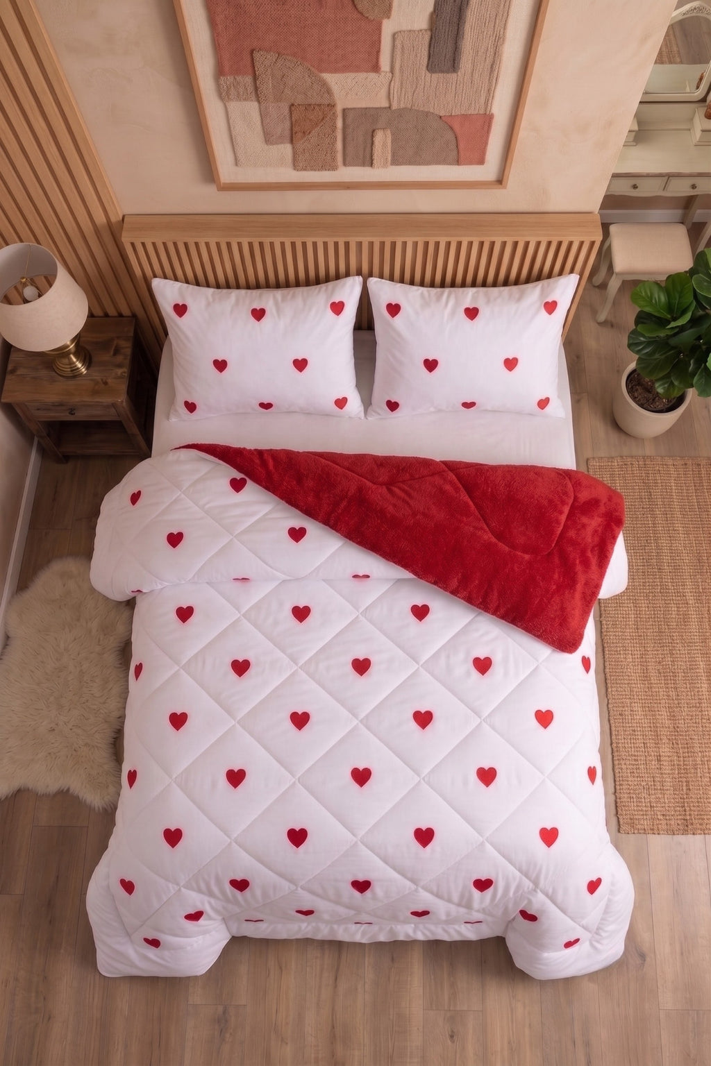 Kırmızı Kalp Desenli Welsoft Çift Kişilik Yorgan Seti | 1 Adet Yorgan 200x220 cm, 2 adet Yastık Kılıfı 50x70 cm | Dolgulu, Yumuşak, Pamuklu Set