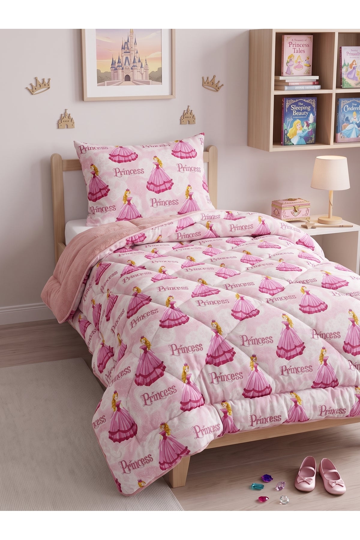Prenses Desenli Welsoft Tek Kişilik Yorgan Seti | 1 Adet Yorgan 155x215 cm, 1 adet Yastık Kılıfı 50x70 cm | Dolgulu, Yumuşak, Pamuklu Set