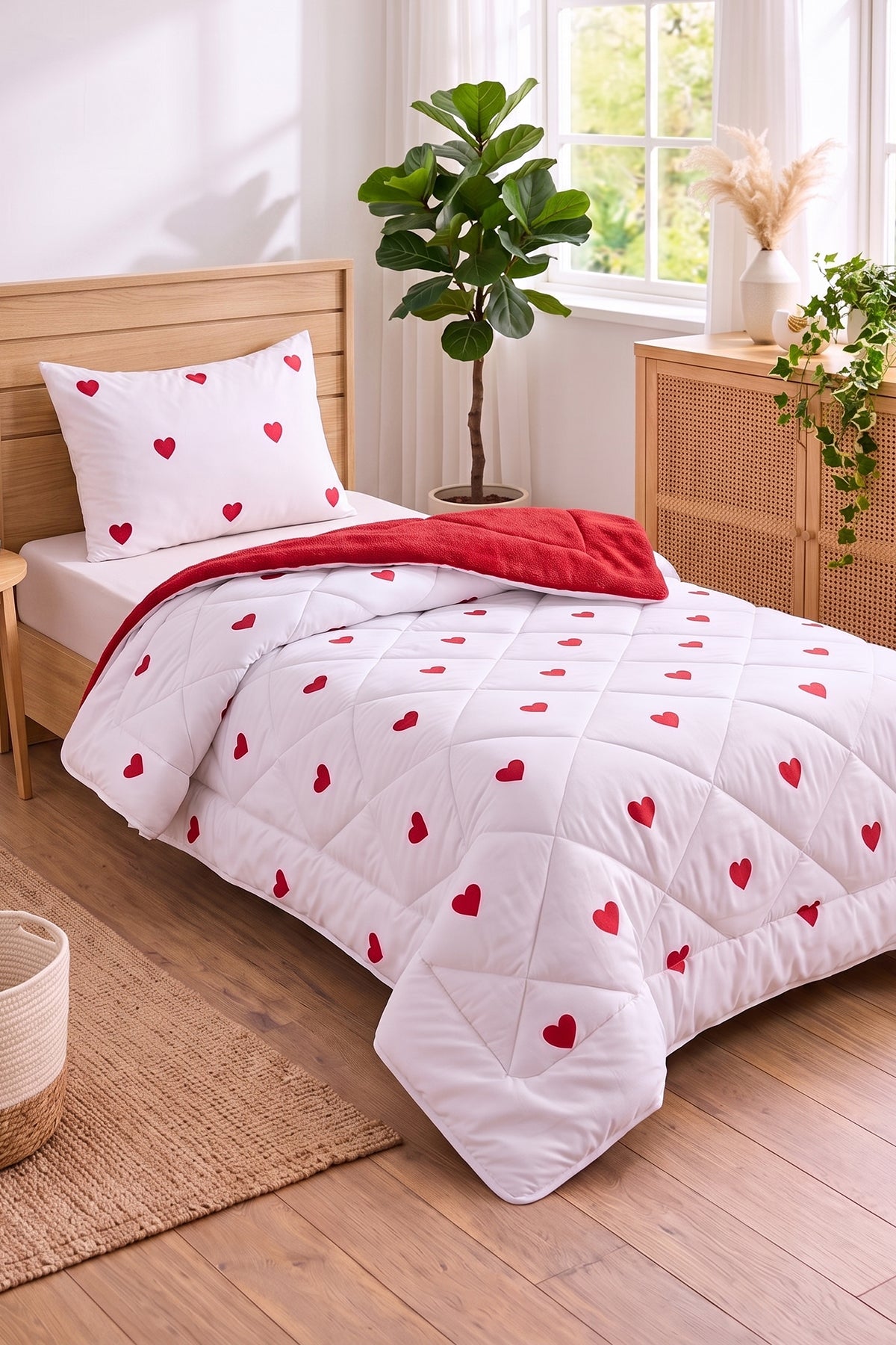 Kırmızı Kalp Desenli Welsoft Tek Kişilik Yorgan Seti | 1 Adet Yorgan 155x215 cm, 1 adet Yastık Kılıfı 50x70 cm | Dolgulu, Yumuşak, Pamuklu Set