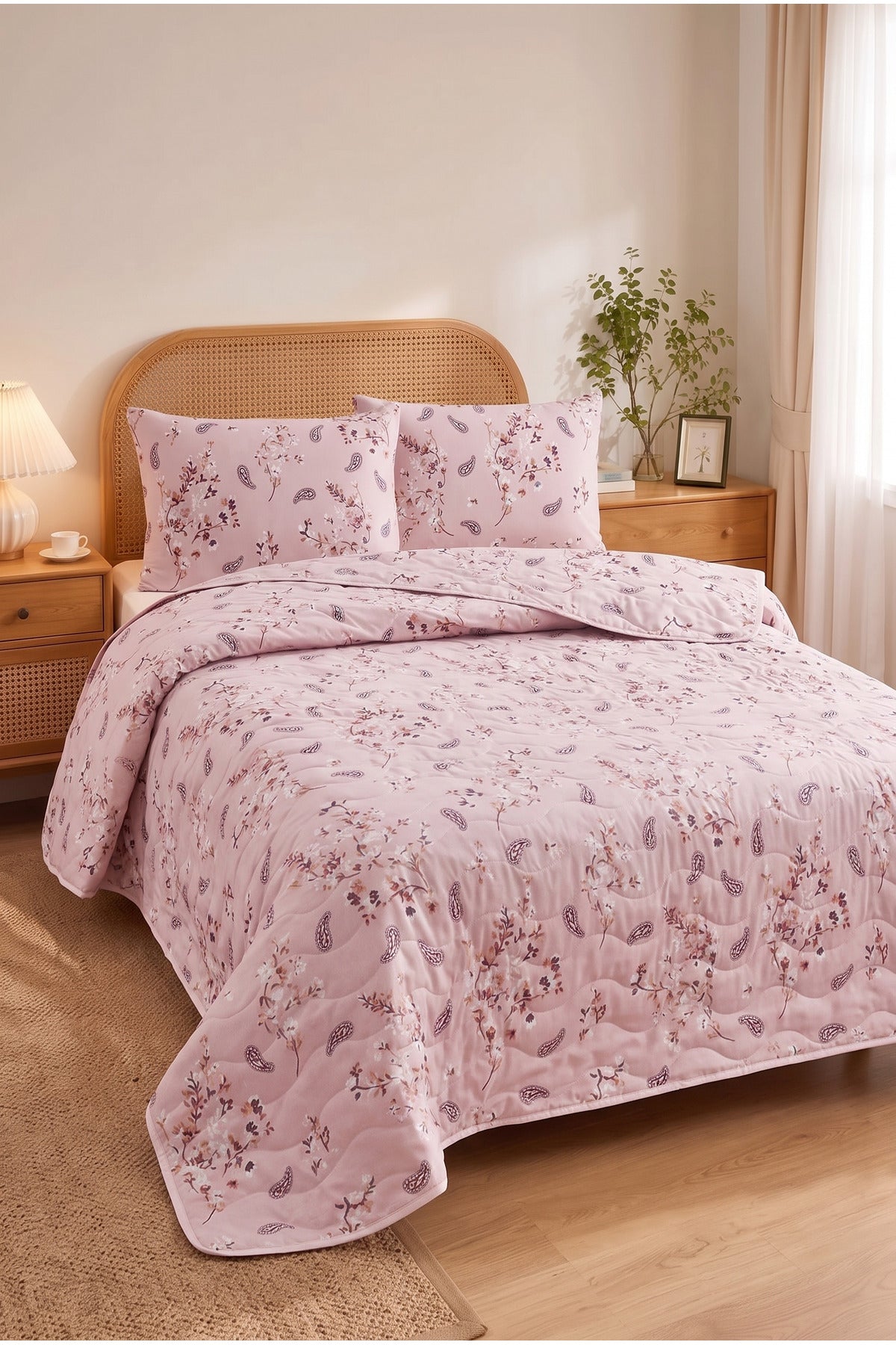 Kapitoneli Çift Kişilik Desenli Pike - Yatak Örtüsü Takımı 200x230 cm - 2 Adet Yastık Kılıflı