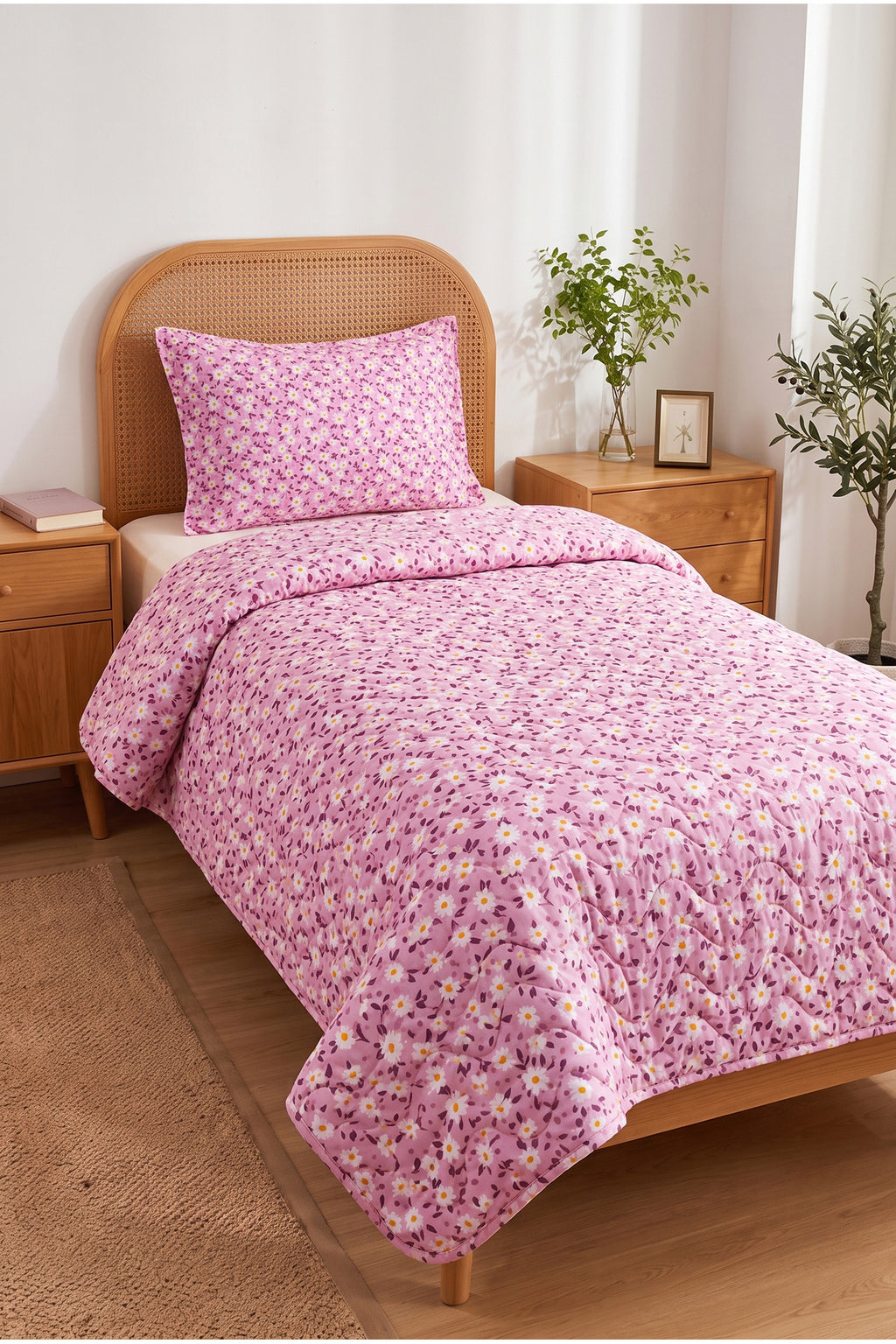 Papatya Desenli Kapitone Tek Kişilik Pike Seti | 1 Adet Pike 160x230 cm, 1 adet Yastık Kılıfı 50x70 cm | Yumuşak, Pamuklu Set