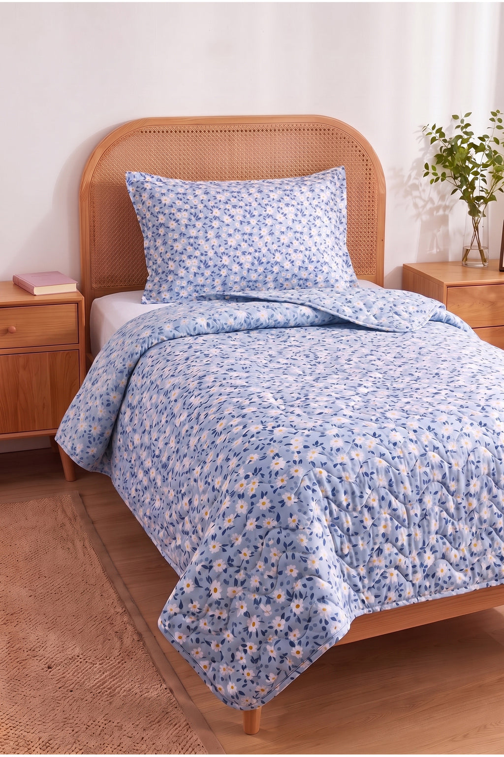 Papatya Desenli Kapitone Tek Kişilik Pike Seti | 1 Adet Pike 160x230 cm, 1 adet Yastık Kılıfı 50x70 cm | Yumuşak, Pamuklu Set