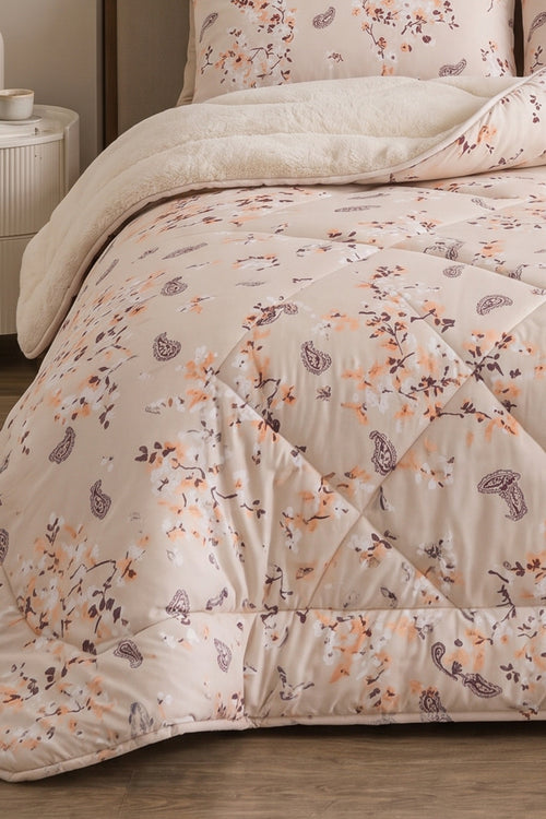 Çiçek Desenli Welsoft Çift Kişilik Yorgan Seti | 1 Adet Yorgan 200x220 cm, 2 adet Yastık Kılıfı 50x70 cm | Dolgulu, Yumuşak, Pamuklu Set