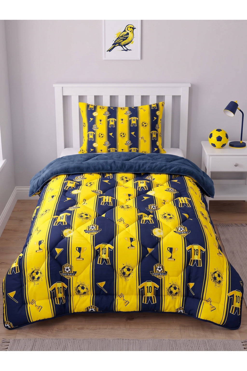 Sarı-Lacivert Desenli Welsoft Tek Kişilik Yorgan Seti | 1 Adet Yorgan 155x215 cm, 1 adet Yastık Kılıfı 50x70 cm | Dolgulu, Yumuşak, Pamuklu Set
