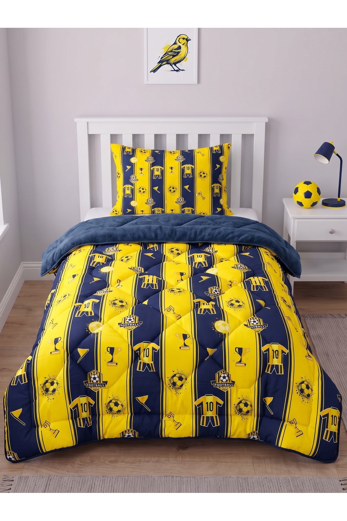 Sarı-Lacivert Desenli Welsoft Tek Kişilik Yorgan Seti | 1 Adet Yorgan 155x215 cm, 1 adet Yastık Kılıfı 50x70 cm | Dolgulu, Yumuşak, Pamuklu Set