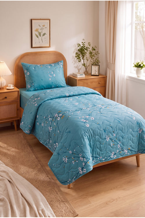 Bahar Desenli Kapitone Tek Kişilik Pike Seti | 1 Adet Pike 160x230 cm, 1 adet Yastık Kılıfı 50x70 cm | Yumuşak, Pamuklu Set