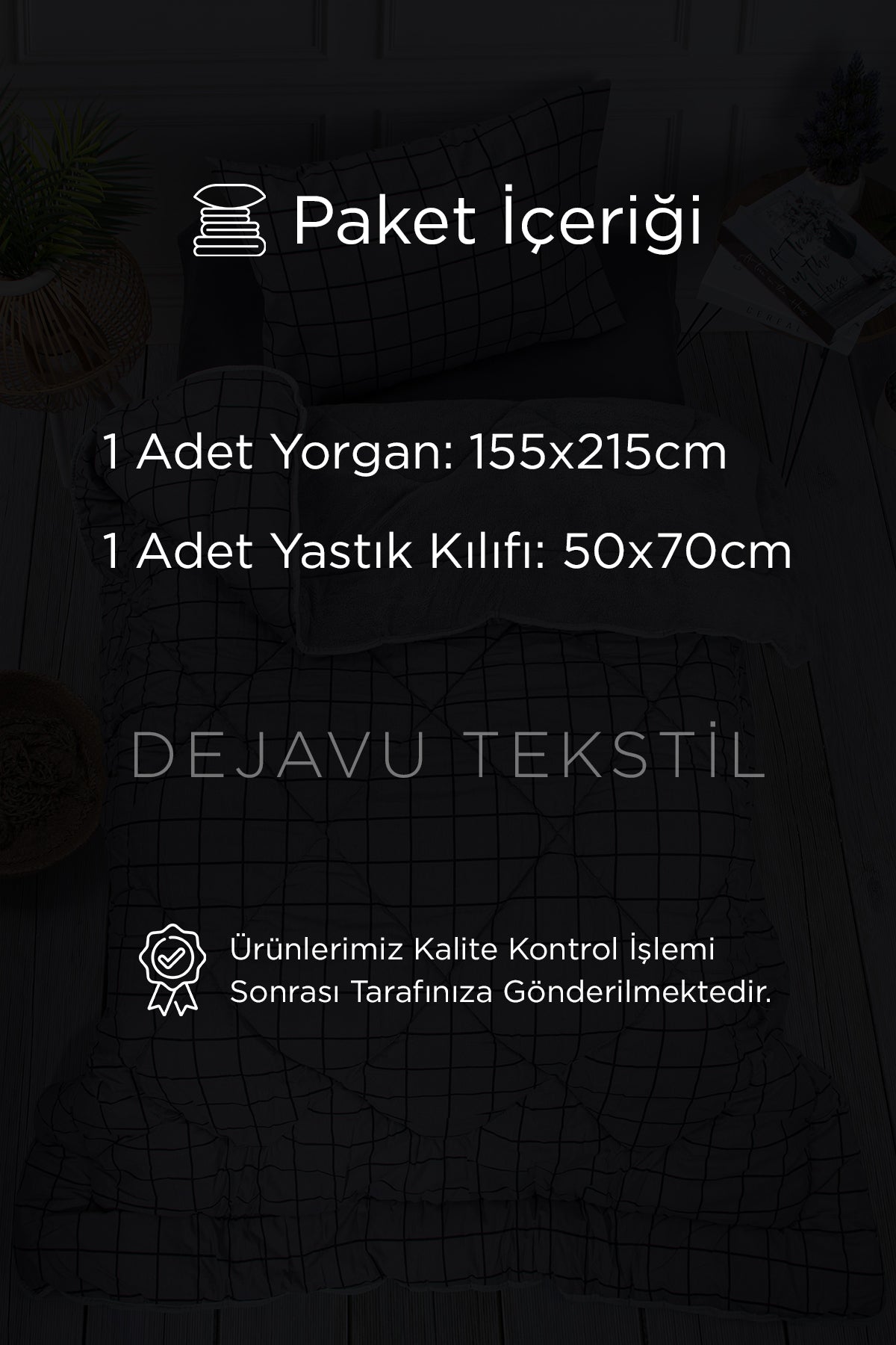 Tek Kişilik Welsoft Yorgan +Yastık Kılıfı Seti | Gri Kareli Çift Taraflı Yorgan Takımı