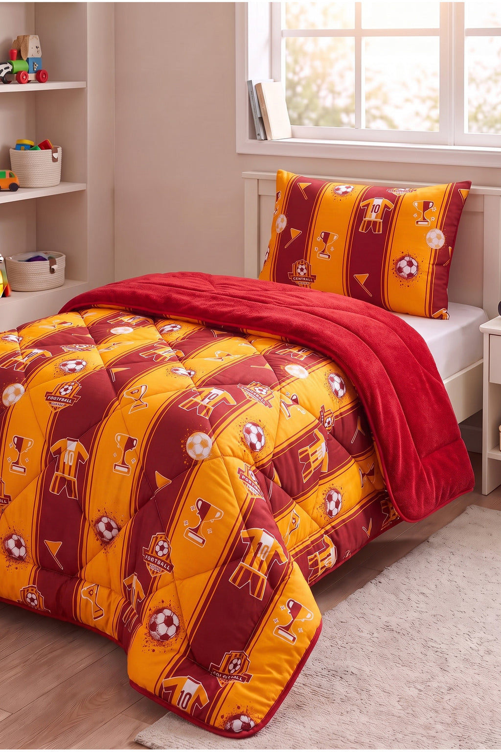 Sarı-Kırmızı Desenli Welsoft Tek Kişilik Yorgan Seti | 1 Adet Yorgan 155x215 cm, 1 adet Yastık Kılıfı 50x70 cm | Dolgulu, Yumuşak, Pamuklu Set