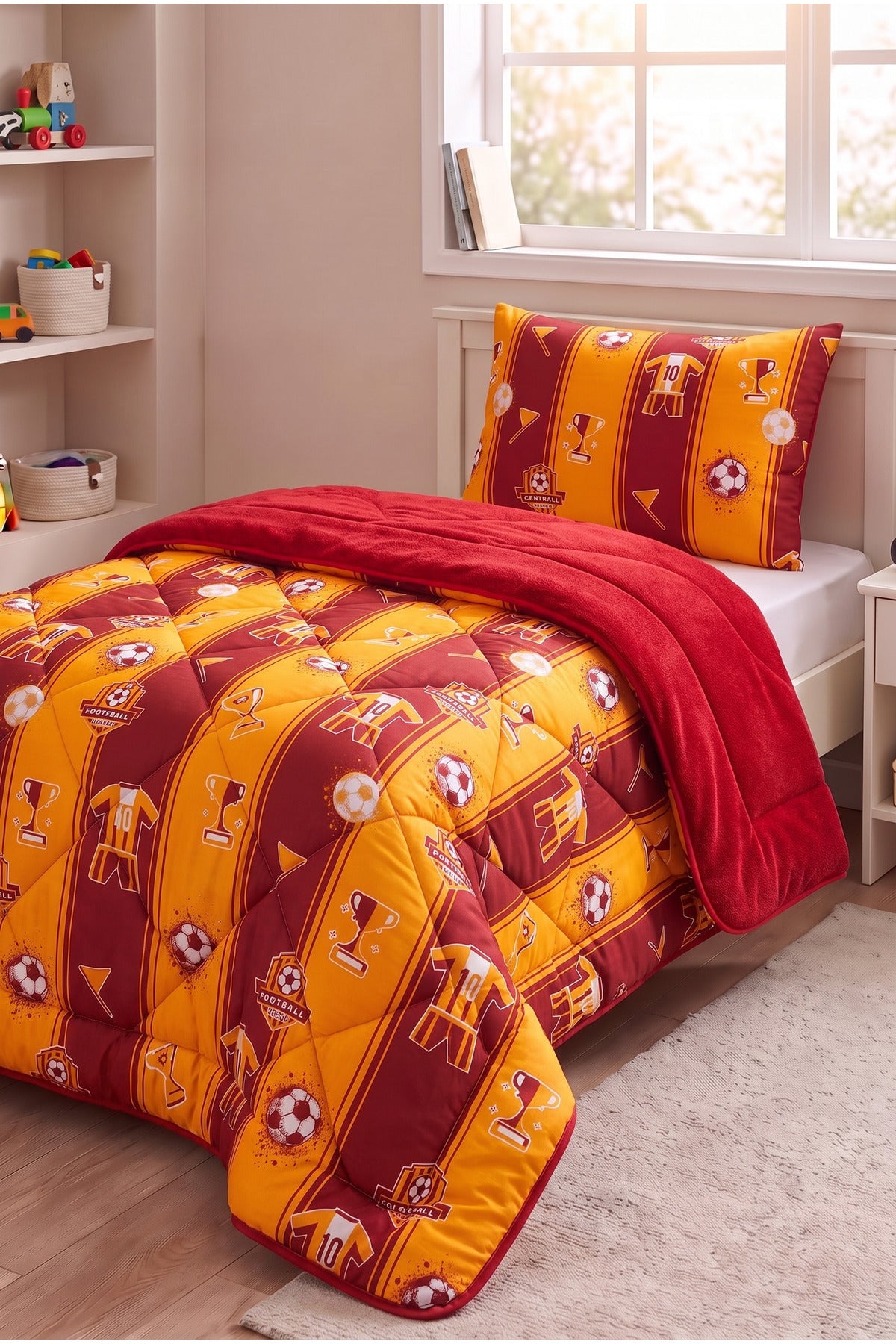 Sarı-Kırmızı Desenli Welsoft Tek Kişilik Yorgan Seti | 1 Adet Yorgan 155x215 cm, 1 adet Yastık Kılıfı 50x70 cm | Dolgulu, Yumuşak, Pamuklu Set