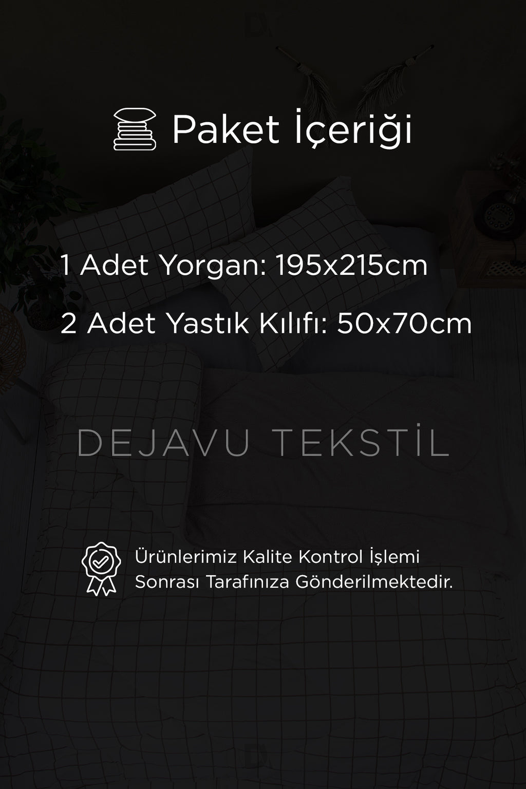 Çift Kişilik Welsoft Yorgan + 2 Yastık Kılıfı Seti | Bej Kareli Çift Taraflı Yorgan Takımı