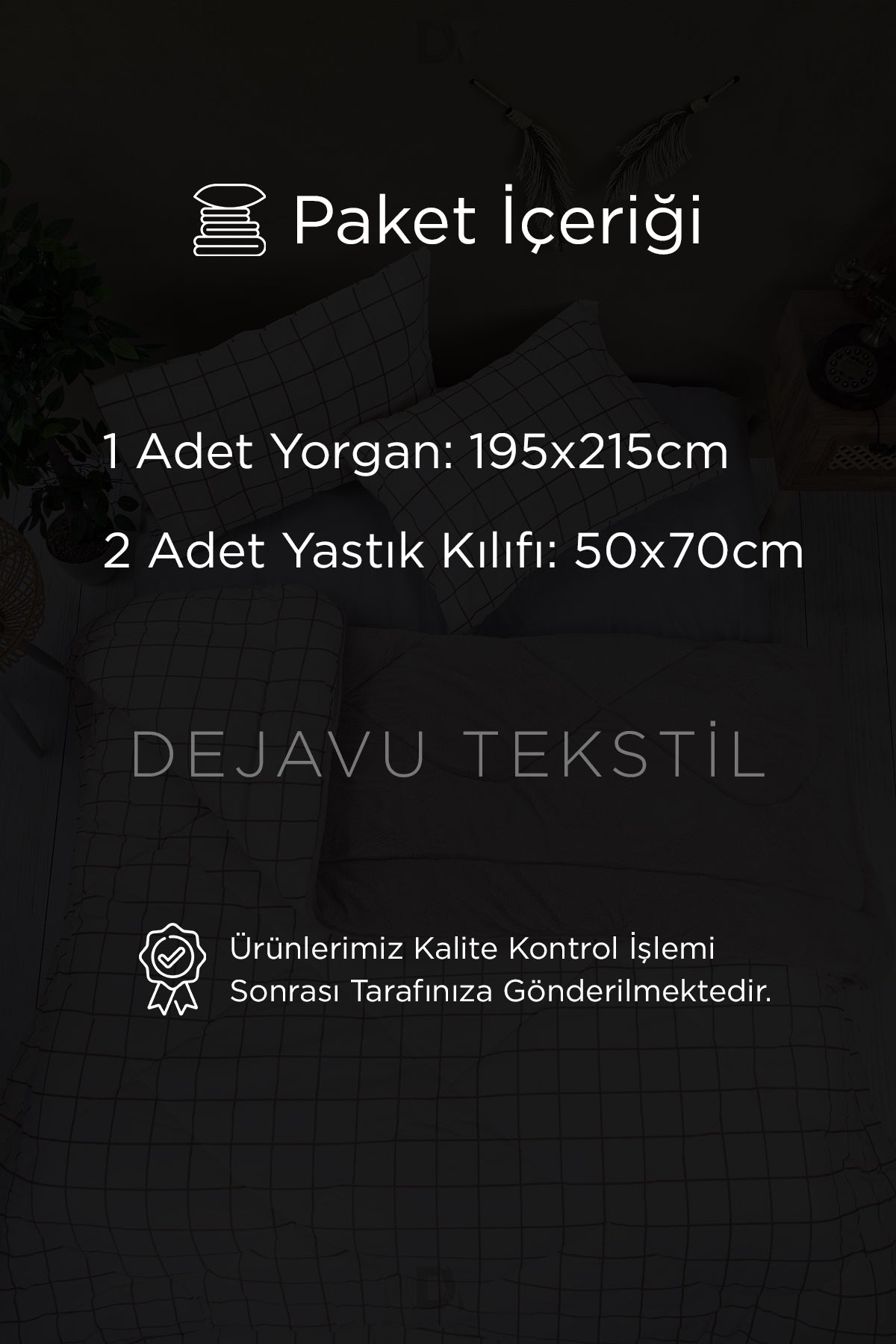 Çift Kişilik Welsoft Yorgan + 2 Yastık Kılıfı Seti | Bej Kareli Çift Taraflı Yorgan Takımı