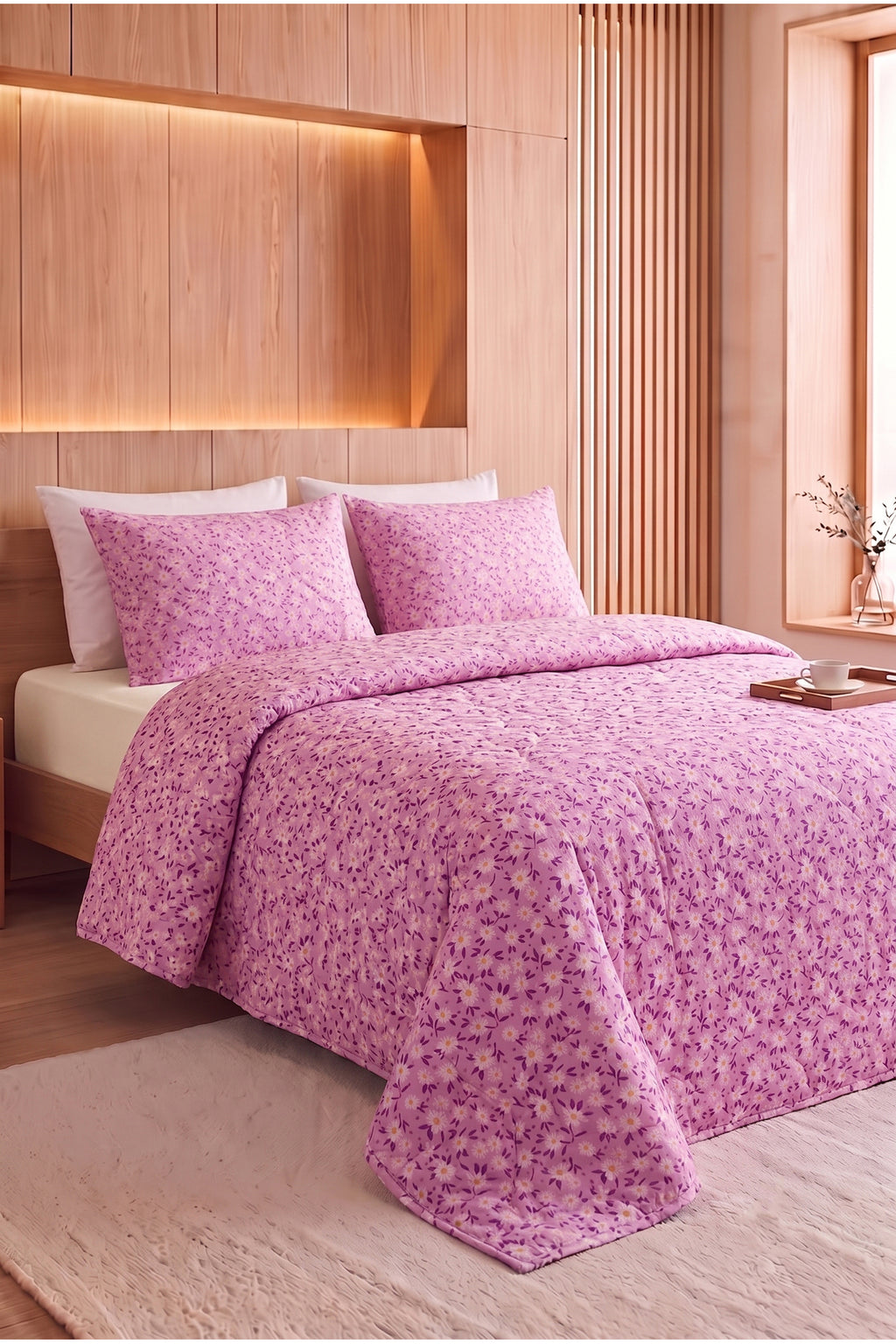 Papatya Desenli Kapitone Çift Kişilik Pike Seti | 1 Adet Pike 200x230 cm, 2 adet Yastık Kılıfı 50x70 cm | Yumuşak, Pamuklu Set
