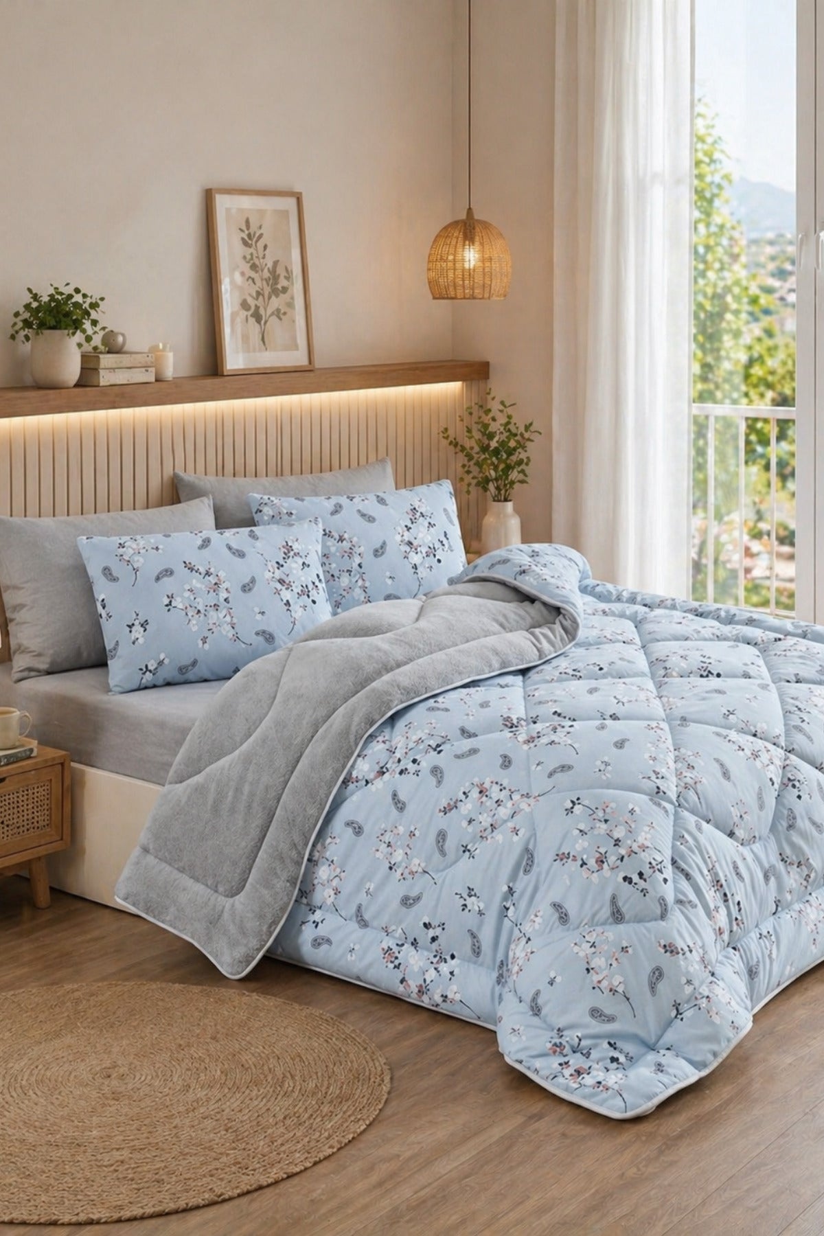 Çiçek Desenli Welsoft Çift Kişilik Yorgan Seti | 1 Adet Yorgan 200x220 cm, 2 adet Yastık Kılıfı 50x70 cm | Dolgulu, Yumuşak, Pamuklu Set