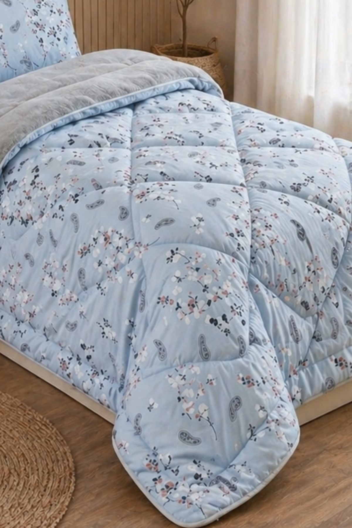 Çiçek Desenli Welsoft Tek Kişilik Yorgan Seti | 1 Adet Yorgan 155x215 cm, 1 adet Yastık Kılıfı 50x70 cm | Dolgulu, Yumuşak, Pamuklu Set