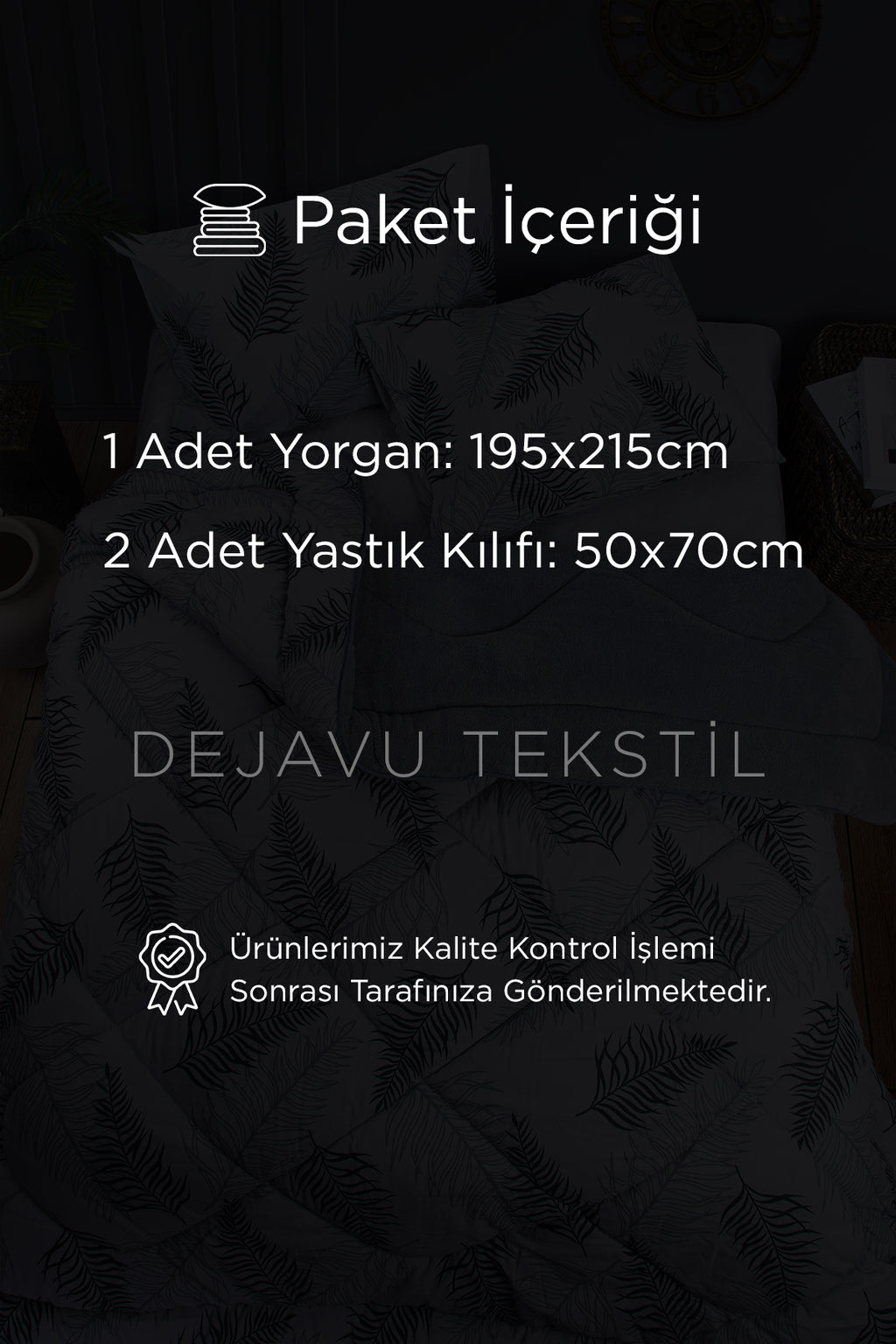 Çift Kişilik Welsoft Yorgan + 2 Yastık Kılıfı Seti | Gri Yaprak Desenli Çift Taraflı Yorgan Takımı