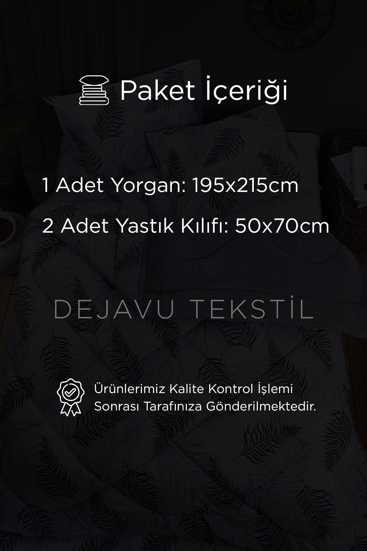 Çift Kişilik Welsoft Yorgan + 2 Yastık Kılıfı Seti | Gri Yaprak Desenli Çift Taraflı Yorgan Takımı