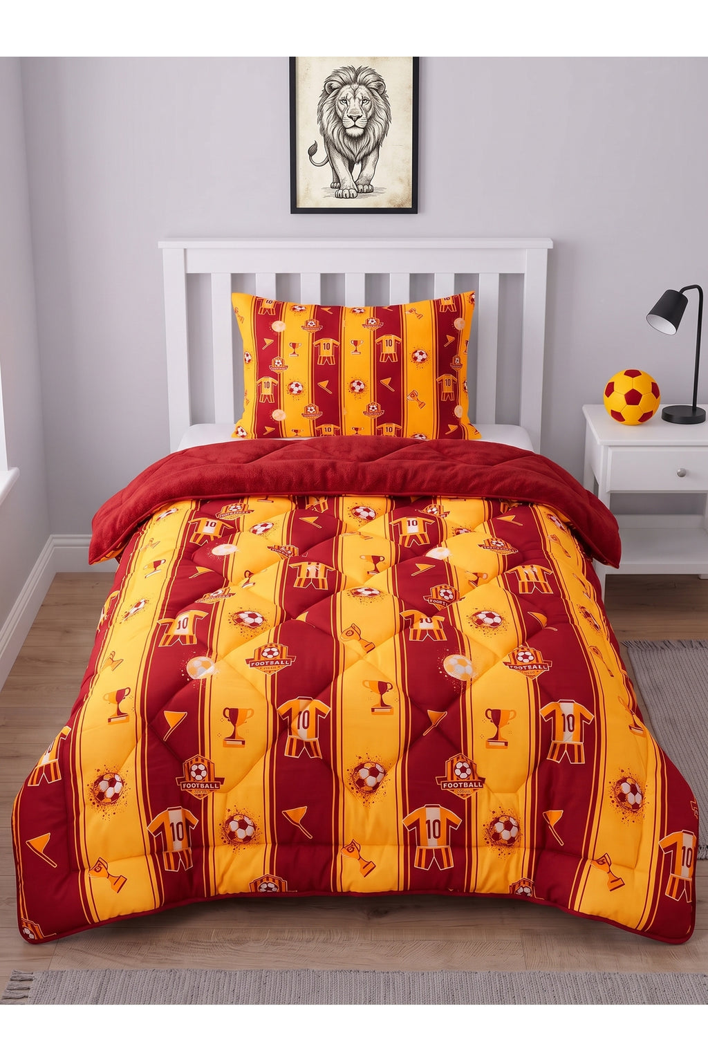 Sarı-Kırmızı Desenli Welsoft Tek Kişilik Yorgan Seti | 1 Adet Yorgan 155x215 cm, 1 adet Yastık Kılıfı 50x70 cm | Dolgulu, Yumuşak, Pamuklu Set