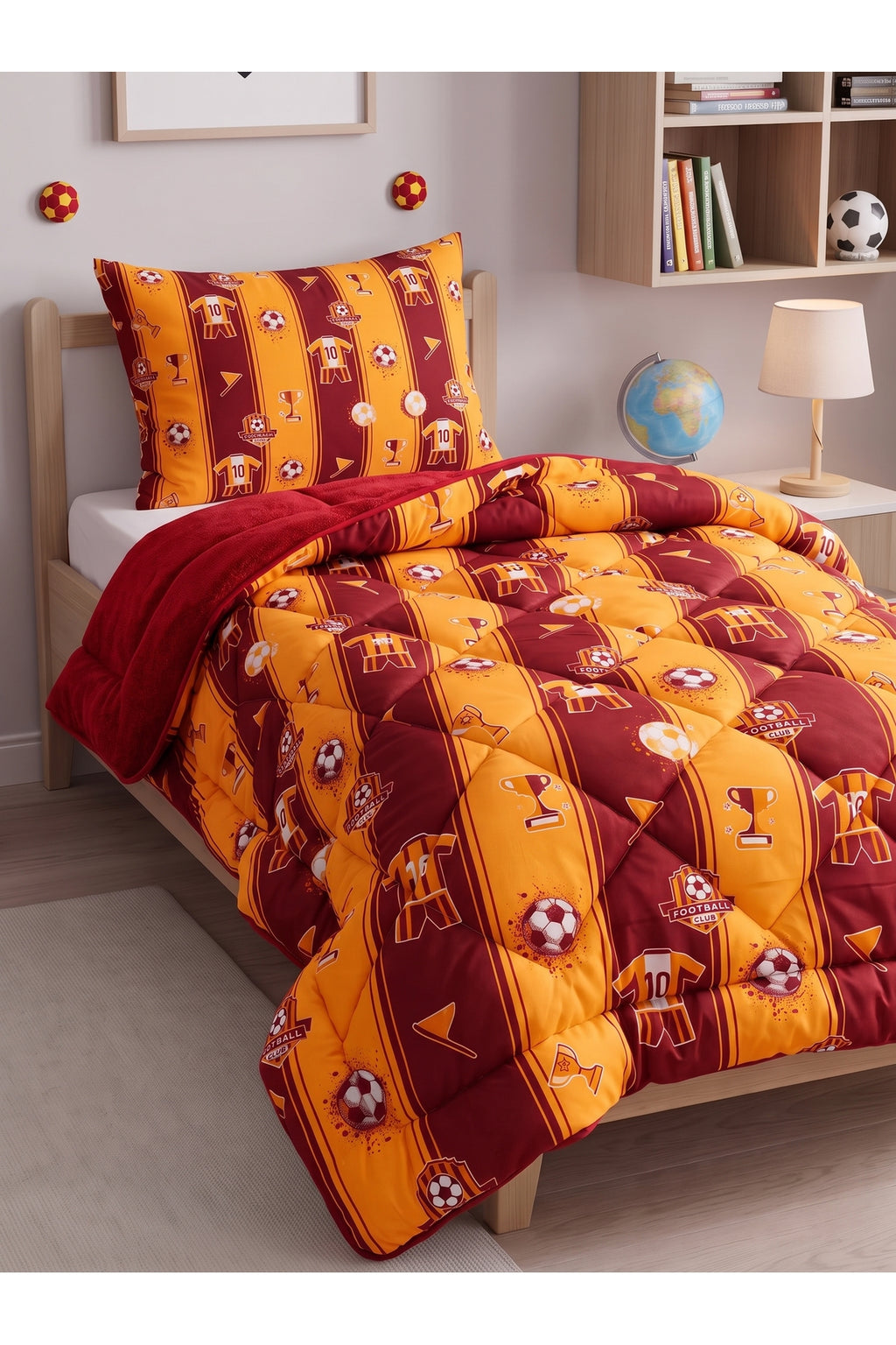 Sarı-Kırmızı Desenli Welsoft Tek Kişilik Yorgan Seti | 1 Adet Yorgan 155x215 cm, 1 adet Yastık Kılıfı 50x70 cm | Dolgulu, Yumuşak, Pamuklu Set
