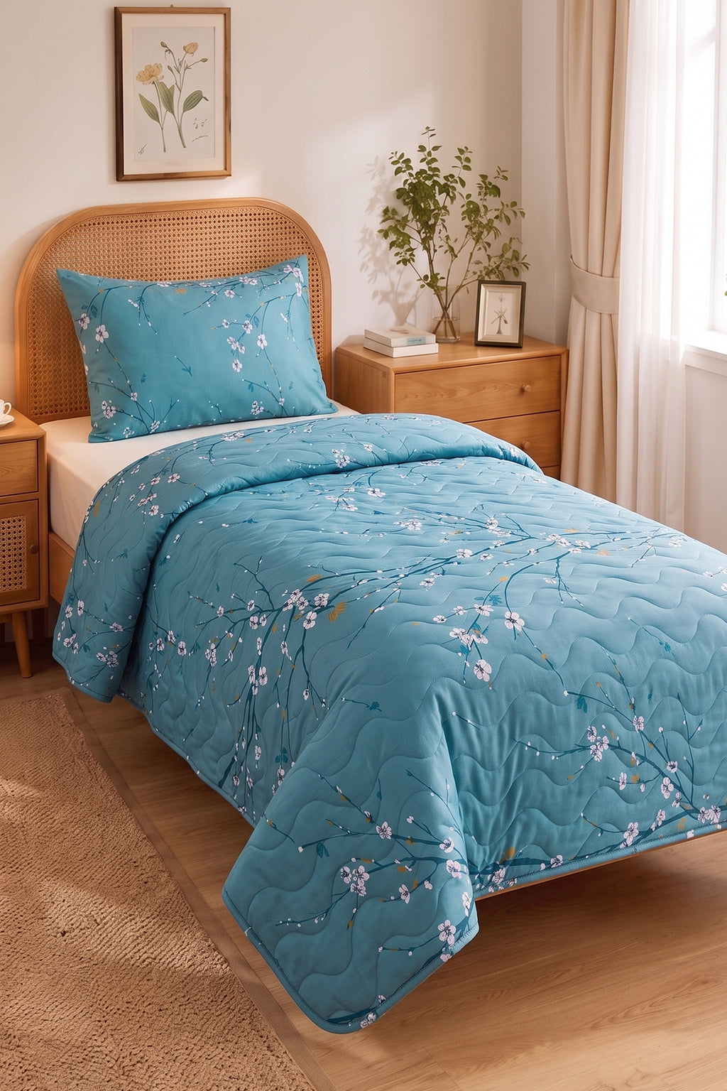 Bahar Desenli Kapitone Tek Kişilik Pike Seti | 1 Adet Pike 160x230 cm, 1 adet Yastık Kılıfı 50x70 cm | Yumuşak, Pamuklu Set