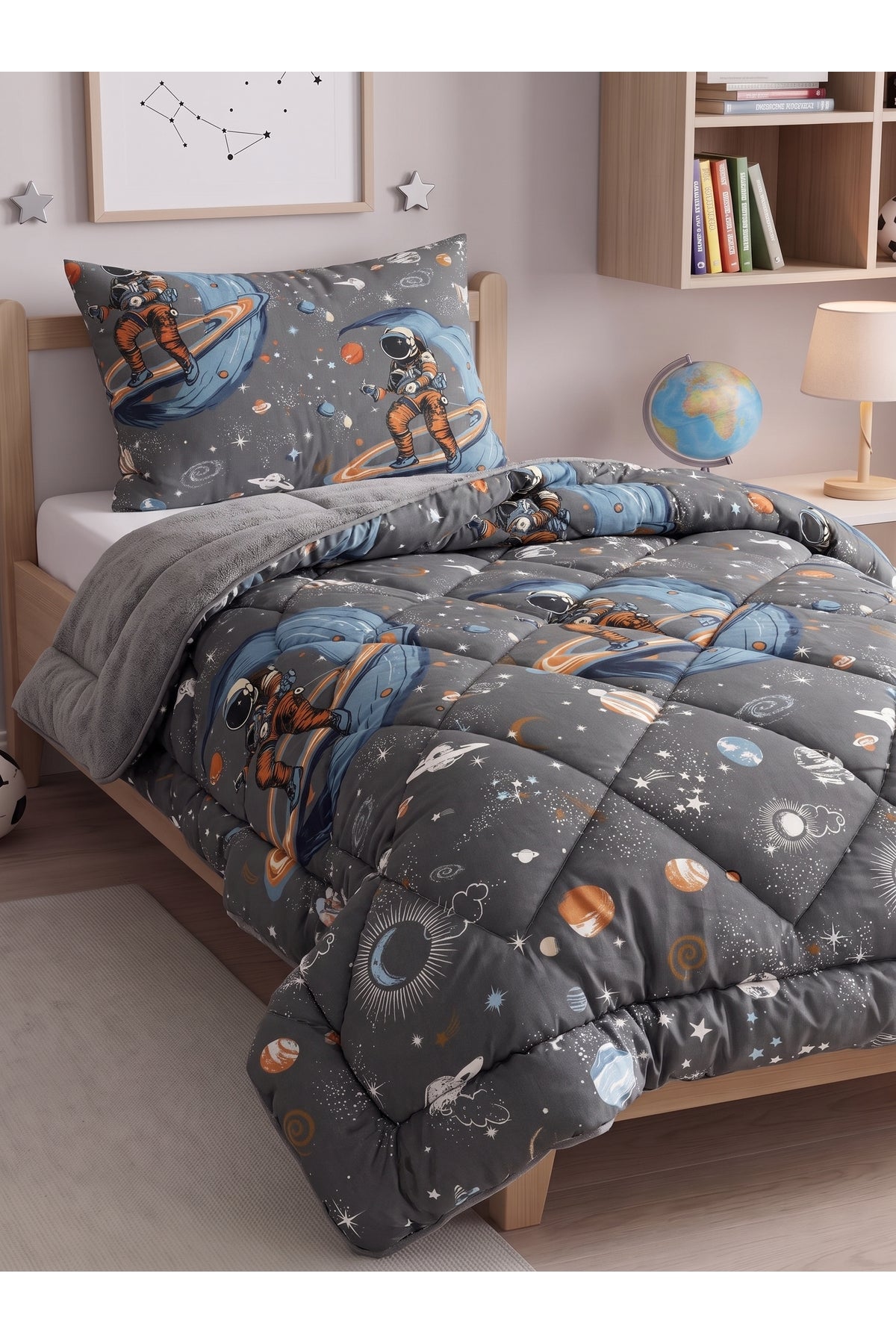 Uzay Desenli Welsoft Tek Kişilik Yorgan Seti | 1 Adet Yorgan 155x215 cm, 1 adet Yastık Kılıfı 50x70 cm | Dolgulu, Yumuşak, Pamuklu Set