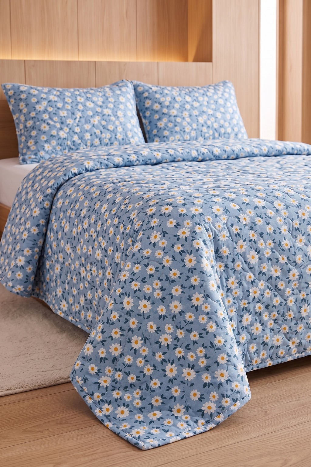 Papatya Desenli Kapitone Çift Kişilik Pike Seti | 1 Adet Pike 200x230 cm, 2 adet Yastık Kılıfı 50x70 cm | Yumuşak, Pamuklu Set