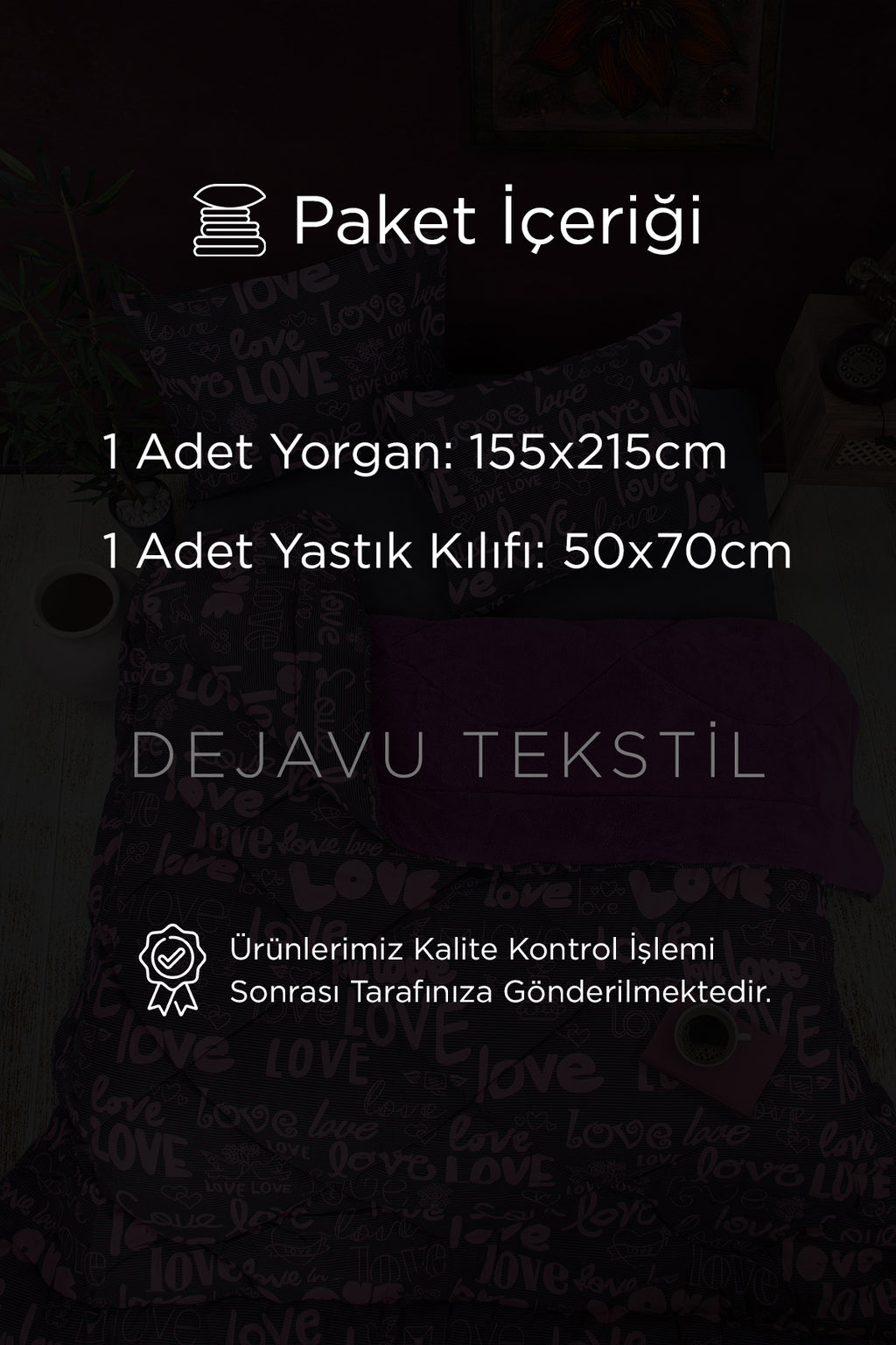 Tek Kişilik Welsoft Yorgan +Yastık Kılıfı Seti | Mor Love Desenli Çift Taraflı Yorgan Takımı