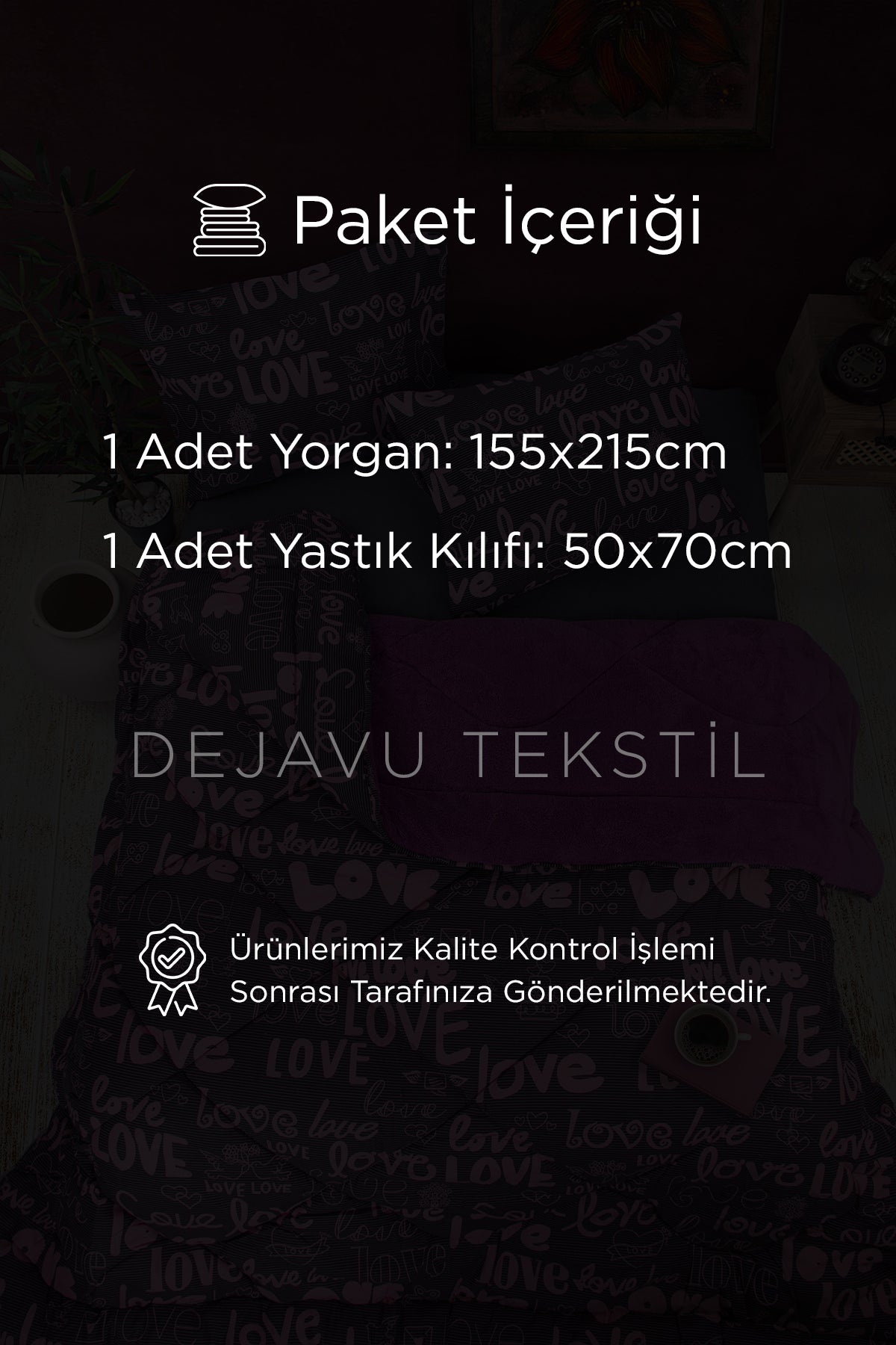 Tek Kişilik Welsoft Yorgan +Yastık Kılıfı Seti | Mor Love Desenli Çift Taraflı Yorgan Takımı