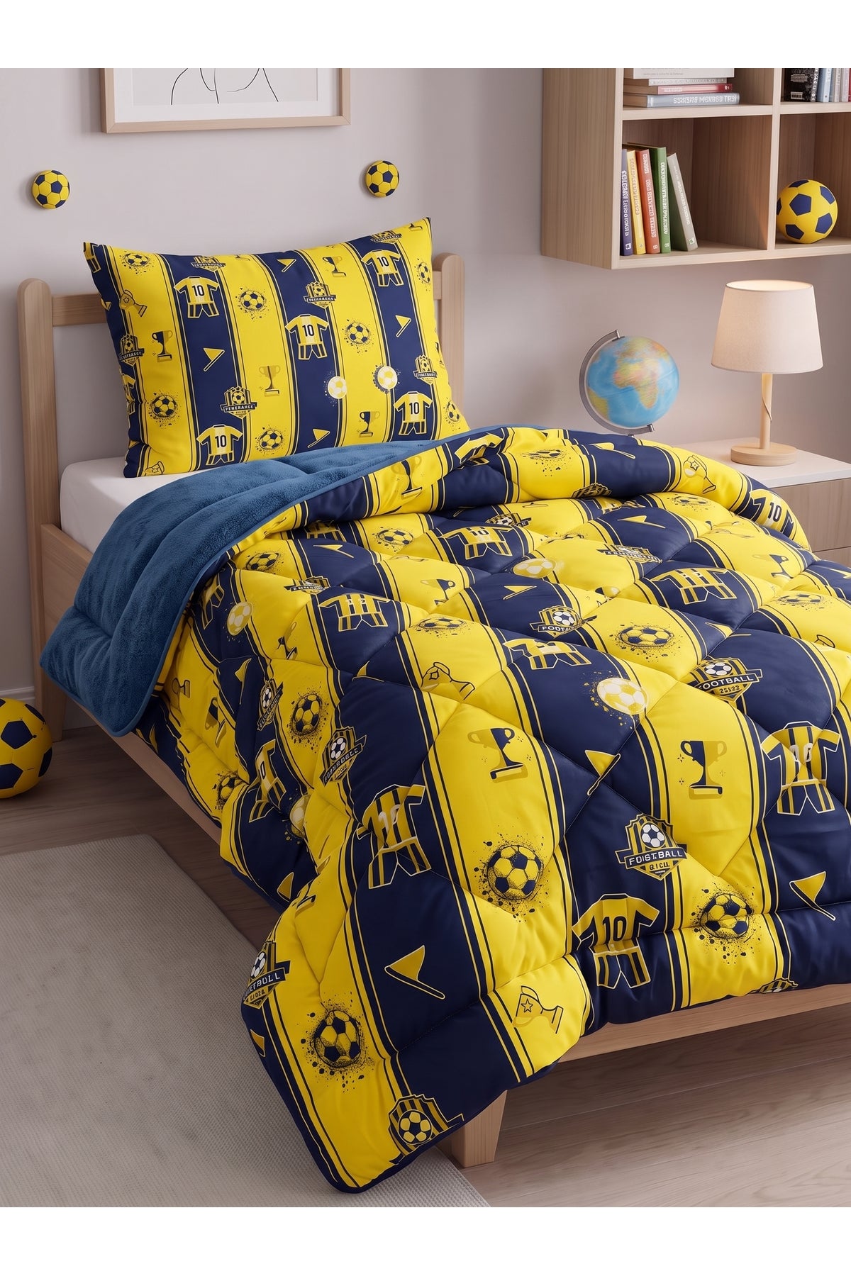 Sarı-Lacivert Desenli Welsoft Tek Kişilik Yorgan Seti | 1 Adet Yorgan 155x215 cm, 1 adet Yastık Kılıfı 50x70 cm | Dolgulu, Yumuşak, Pamuklu Set