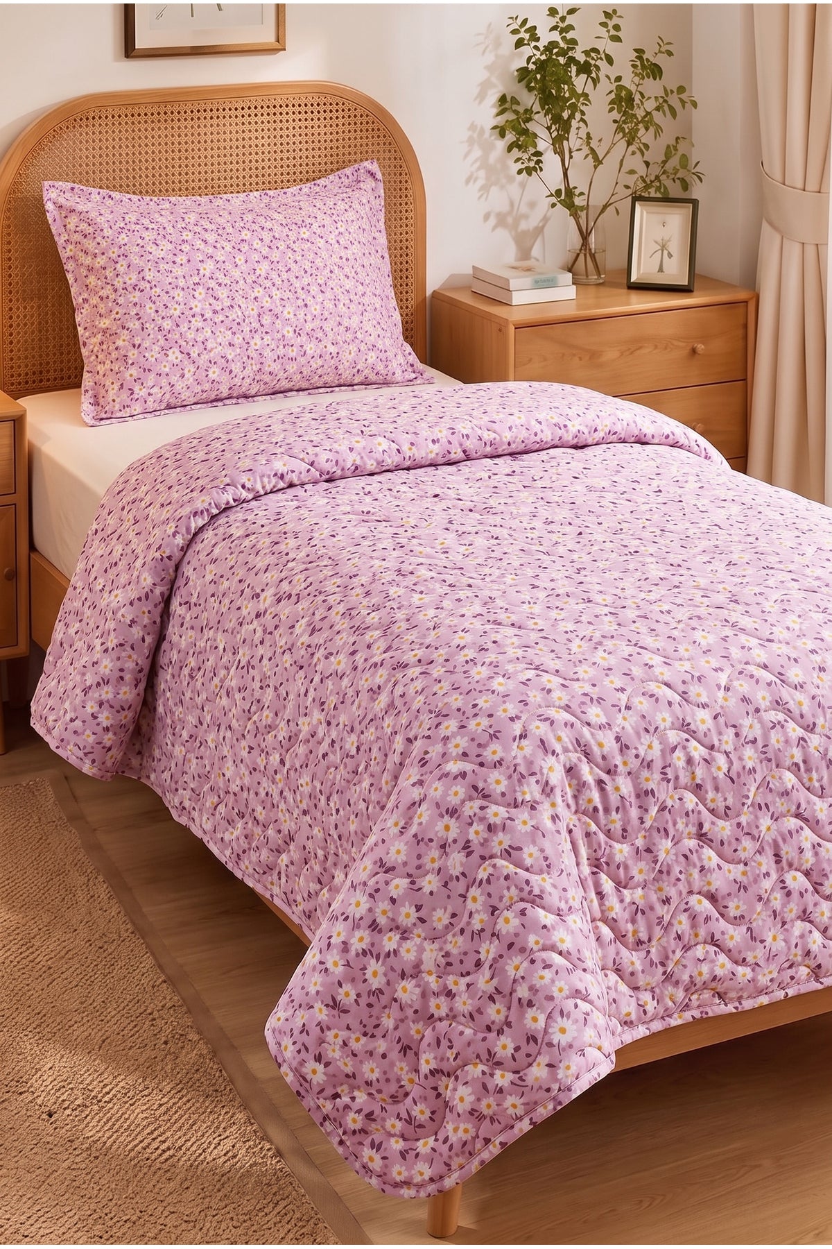 Papatya Desenli Kapitone Tek Kişilik Pike Seti | 1 Adet Pike 160x230 cm, 1 adet Yastık Kılıfı 50x70 cm | Yumuşak, Pamuklu Set