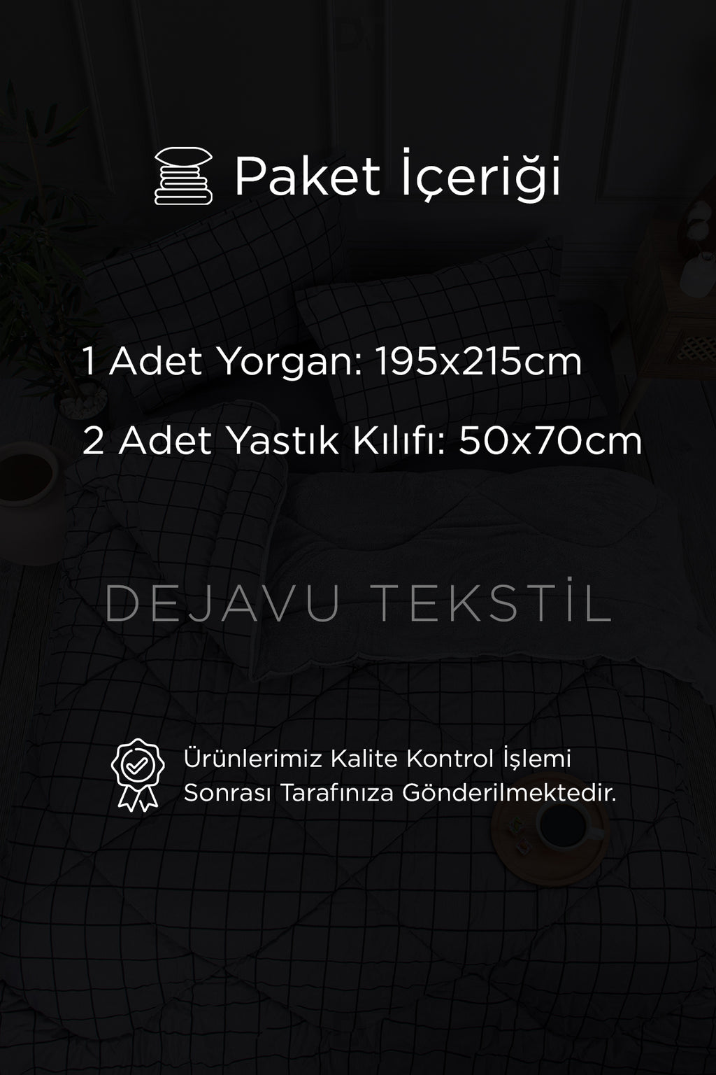 Çift Kişilik Welsoft Yorgan + 2 Yastık Kılıfı Seti | Gri Kareli Çift Taraflı Yorgan Takımı