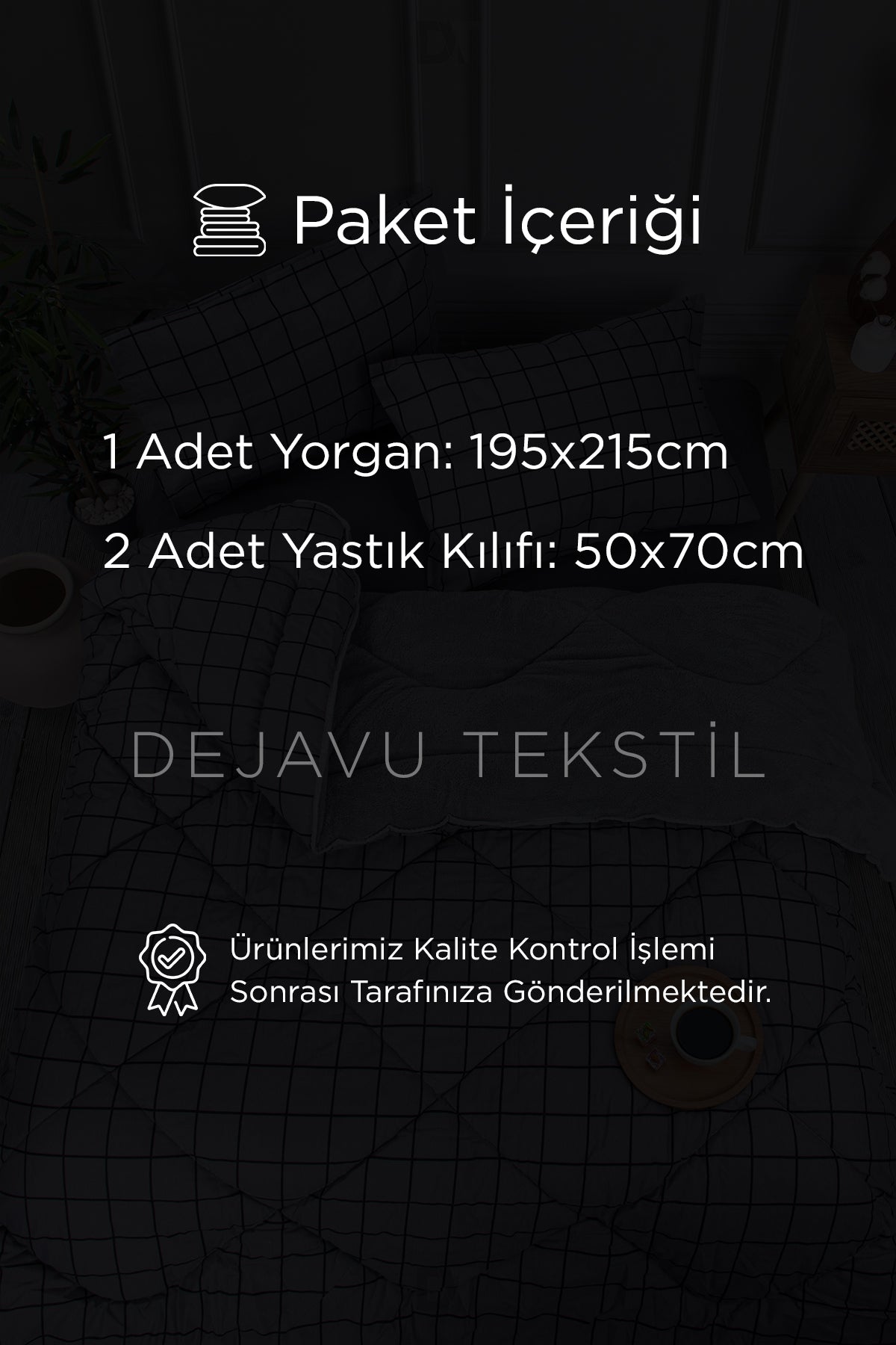 Çift Kişilik Welsoft Yorgan + 2 Yastık Kılıfı Seti | Gri Kareli Çift Taraflı Yorgan Takımı