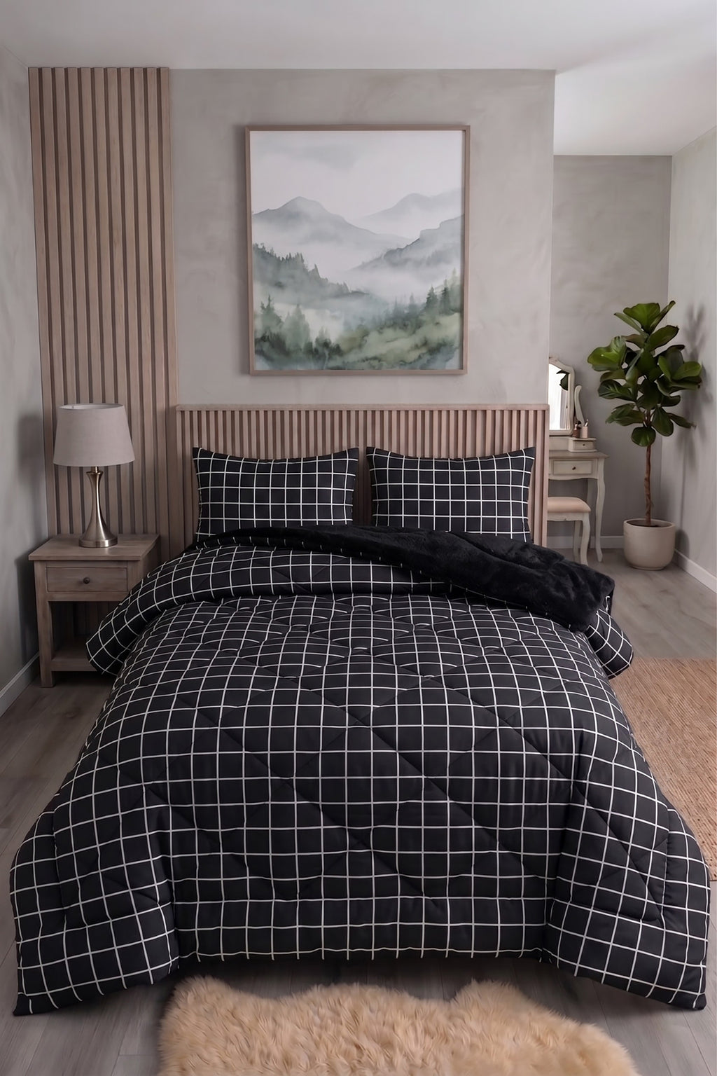 Siyah Kare Desenli Welsoft Çift Kişilik Yorgan Seti | 1 Adet Yorgan 200x220 cm, 2 adet Yastık Kılıfı 50x70 cm | Dolgulu, Yumuşak, Pamuklu Set