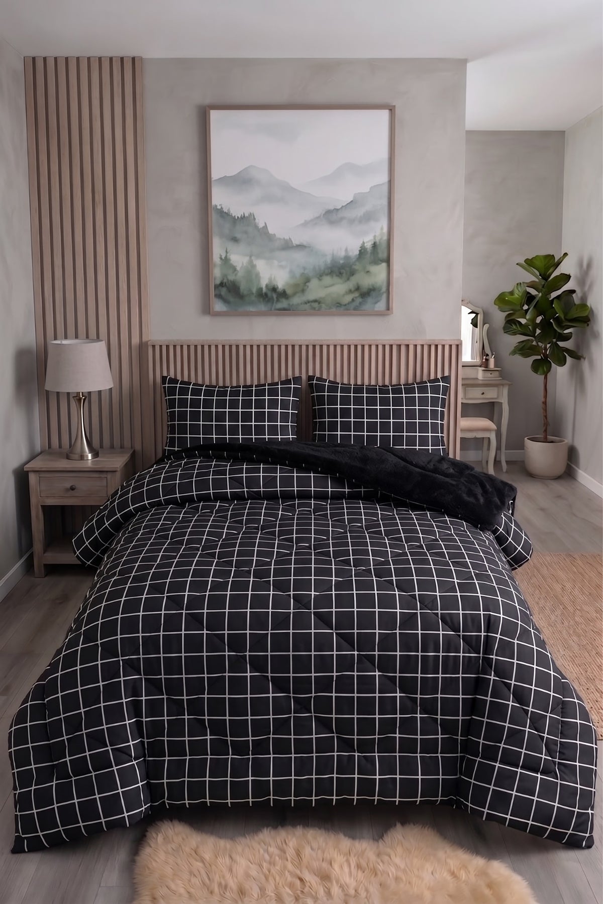 Siyah Kare Desenli Welsoft Çift Kişilik Yorgan Seti | 1 Adet Yorgan 200x220 cm, 2 adet Yastık Kılıfı 50x70 cm | Dolgulu, Yumuşak, Pamuklu Set