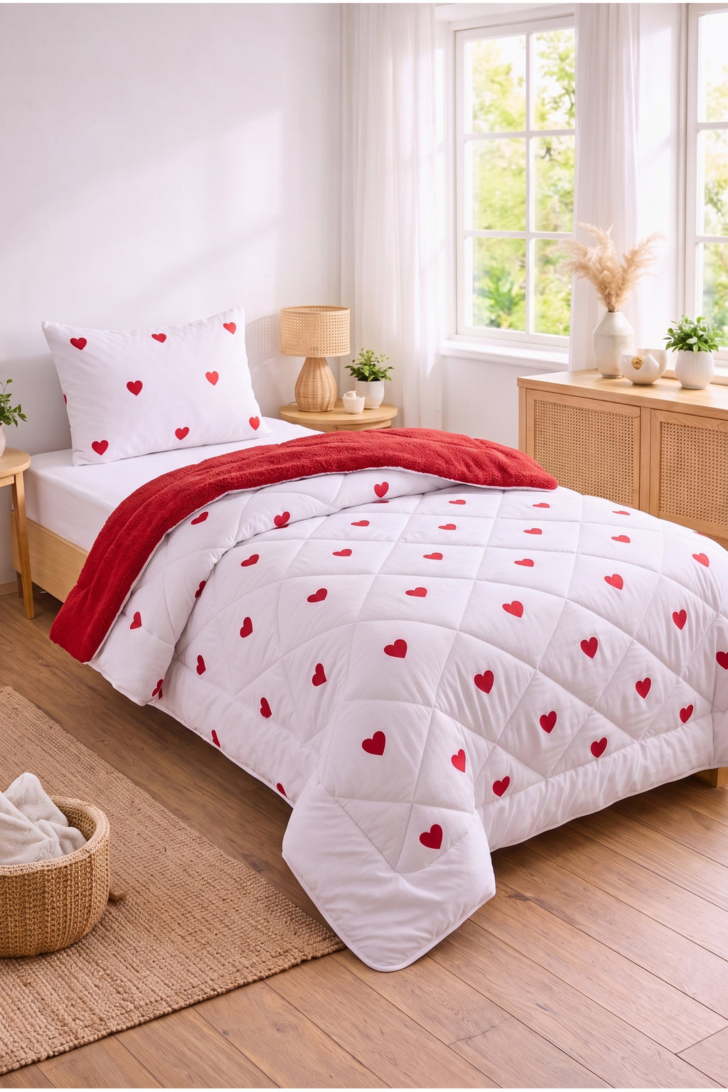 Kırmızı Kalp Desenli Welsoft Tek Kişilik Yorgan Seti | 1 Adet Yorgan 155x215 cm, 1 adet Yastık Kılıfı 50x70 cm | Dolgulu, Yumuşak, Pamuklu Set