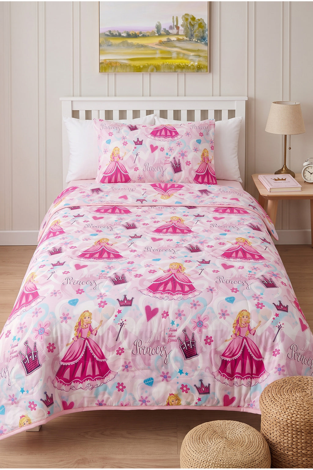 Prenses Desenli Kapitone Tek Kişilik Pike Seti | 1 Adet Pike 160x230 cm, 1 adet Yastık Kılıfı 50x70 cm | Yumuşak, Pamuklu Set